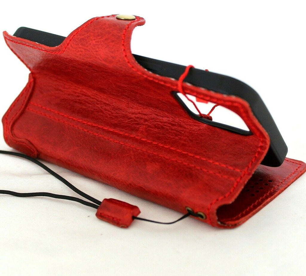 Red genuine leather iPhone 11 Pro Max case with wallet design, credit card slots, slim handmade cover by DAVISCASE.