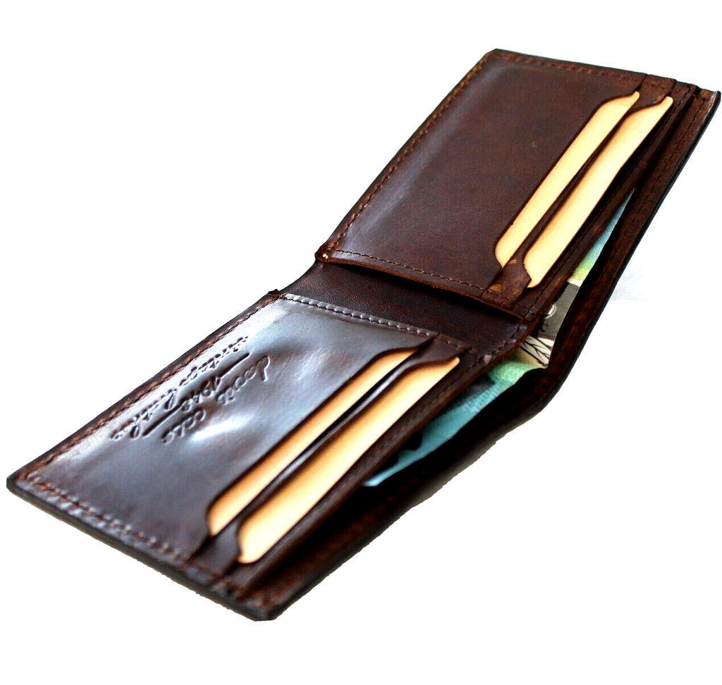 Men's brown genuine leather wallet by DAVISCASE with credit card slots and bill compartment, featuring a handmade lion and tiger design.