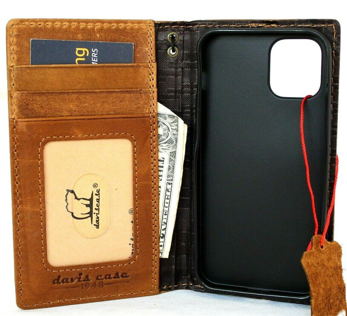 Genuine tan leather iPhone 12 Mini case by DAVISCASE with vintage book wallet design, soft cover, and card slots.