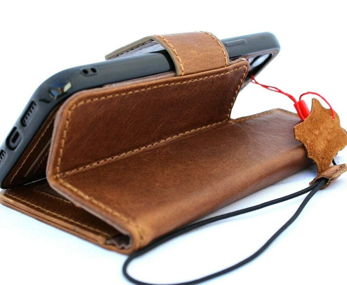Handmade genuine full-tanned leather iPhone 11 Pro Max case with wallet, credit card slots, ID window, and removable Prime holder.