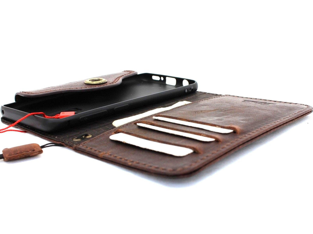 Genuine high-quality natural leather wallet phone case for Samsung Galaxy S9, handmade with Jafo design, dark color, wireless charging compatible