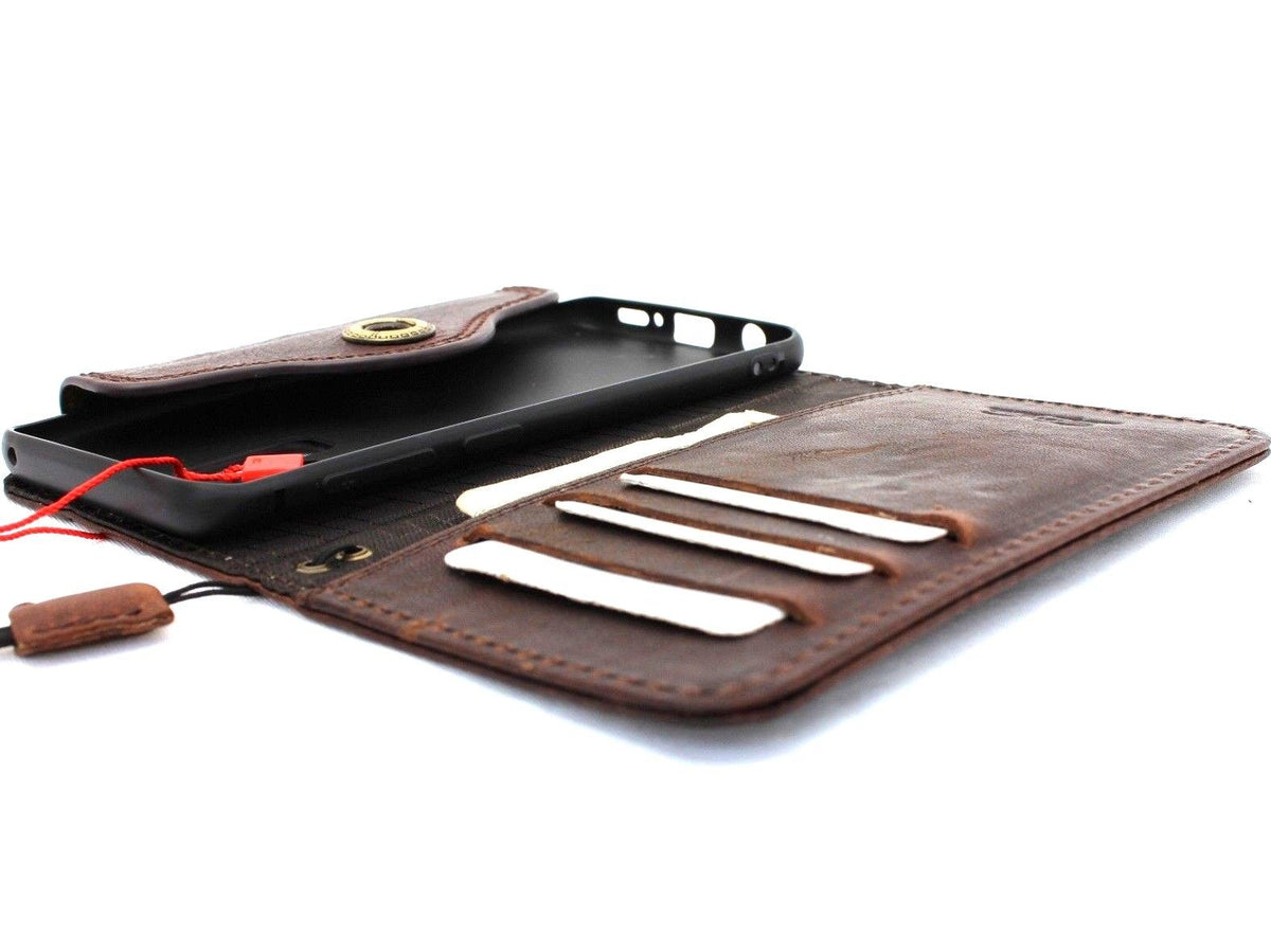 Genuine high-quality natural leather wallet phone case for Samsung Galaxy S9, handmade with Jafo design, dark color, wireless charging compatible