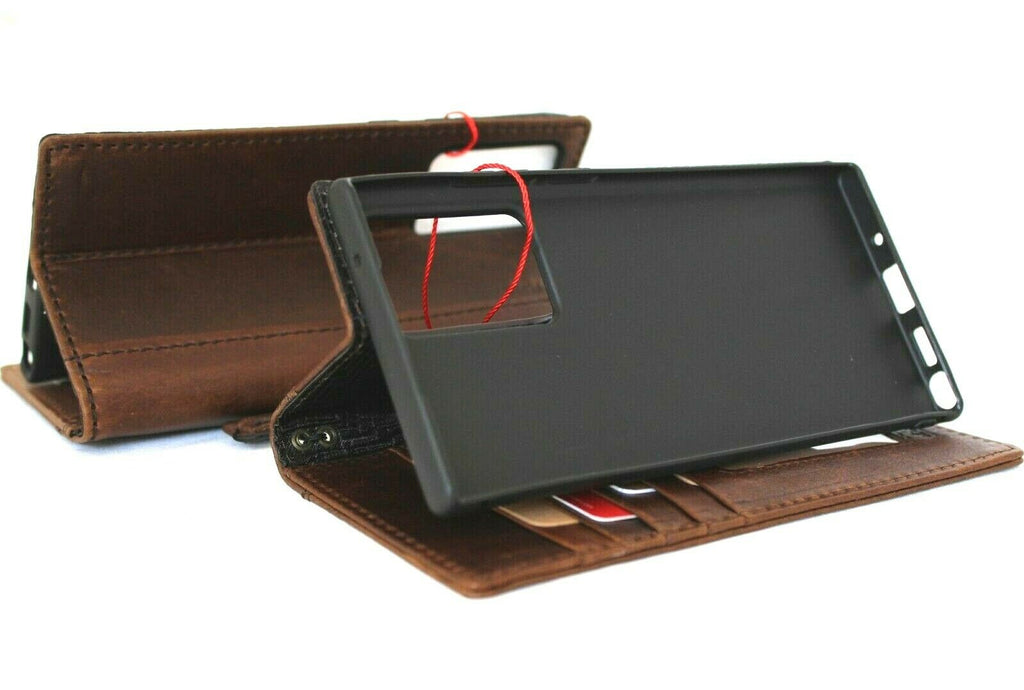 Genuine leather wallet case for Samsung Galaxy Note 20 Ultra 5G with card slots, ID window, rubber stand, and wireless charging support.