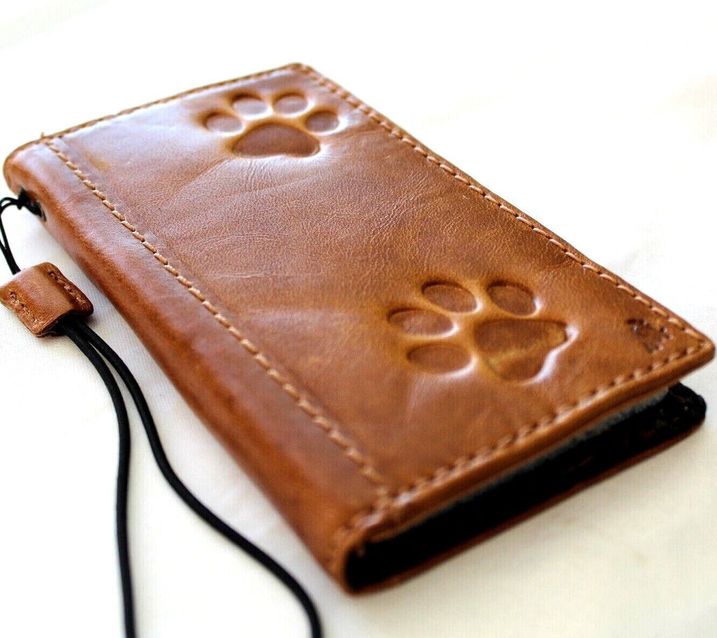 Handcrafted genuine leather wallet case for Apple iPhone 11-15 Pro Max, with dog paw and cat stamping, credit card slots, vintage style.