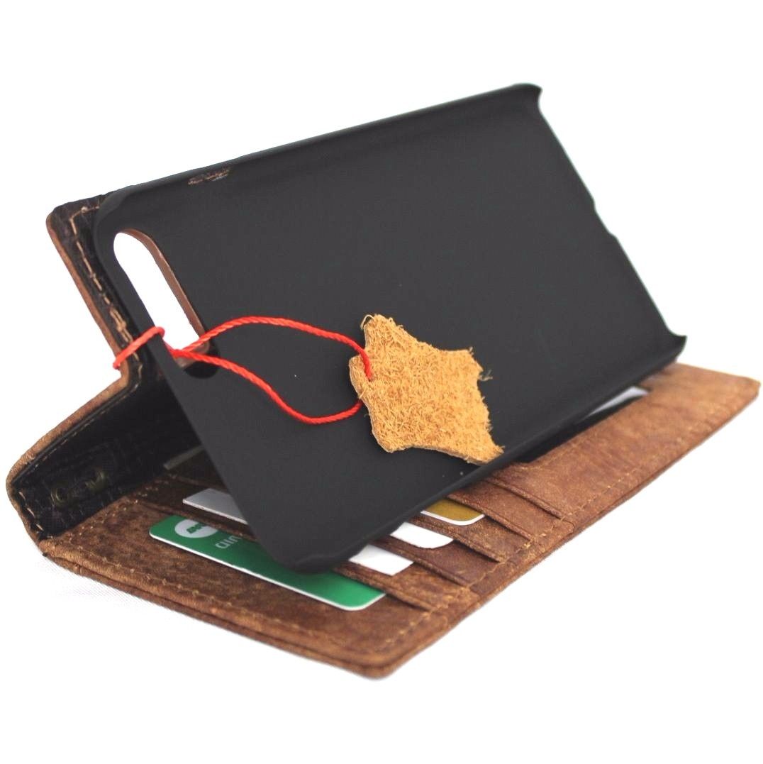 Bright brown genuine leather iPhone 8 Plus book wallet case with credit card slots, slim vintage design by DAVISCASE.