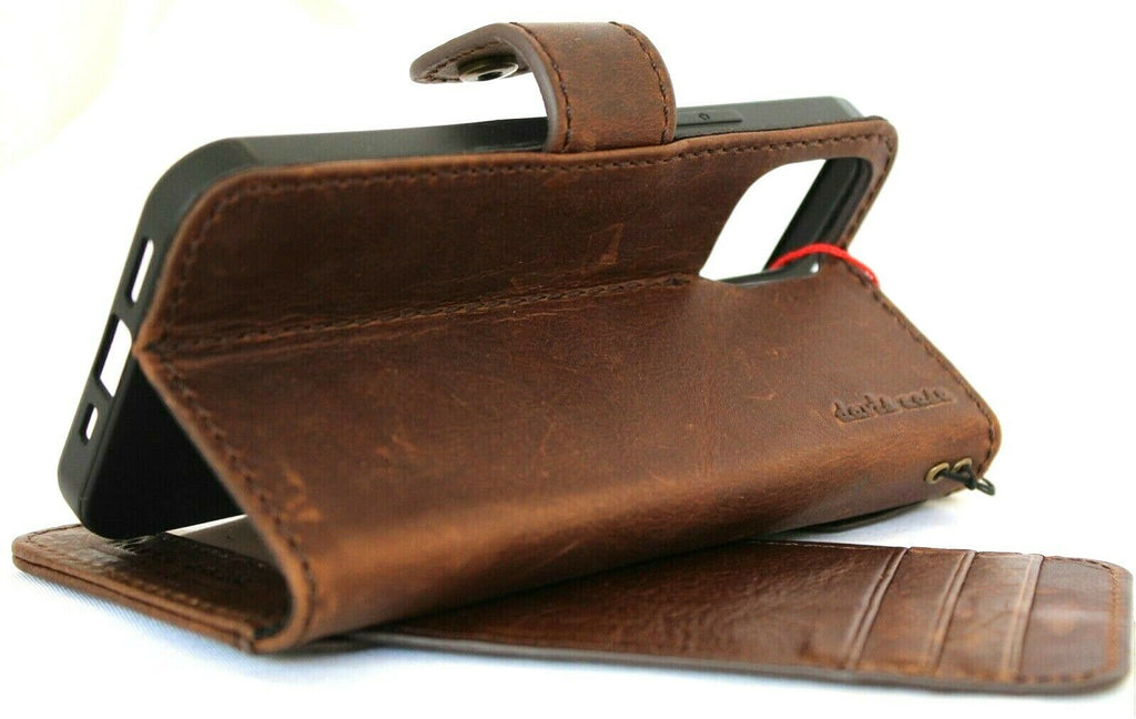 Genuine dark leather iPhone 12 Pro case by DAVISCASE with wallet-style design, ID window, card slots, soft full grain cover.