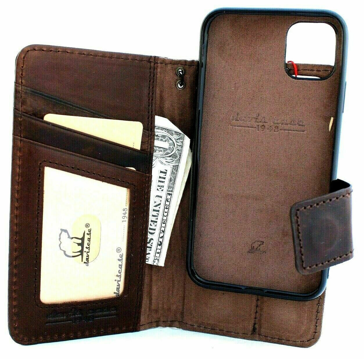 Handmade genuine leather iPhone 11 case by DAVISCASE with wallet design, credit card slots, magnetic cover, and removable prime holder.