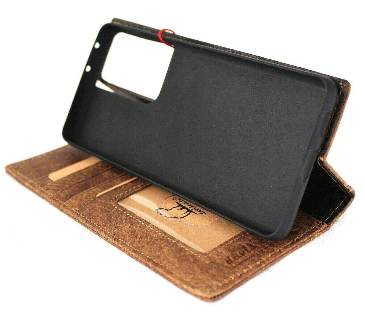 DavisCase genuine leather book wallet case for Samsung Galaxy S21 Ultra 5G featuring card slots, wireless charging window, in tan.