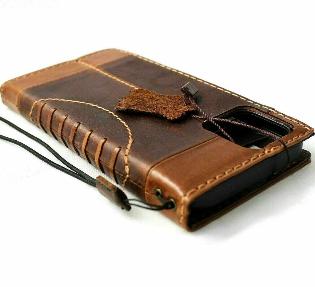 DavisCase genuine leather phone wallet case for iPhone 11-15 Pro Max, vintage style with ID window and credit card slots.