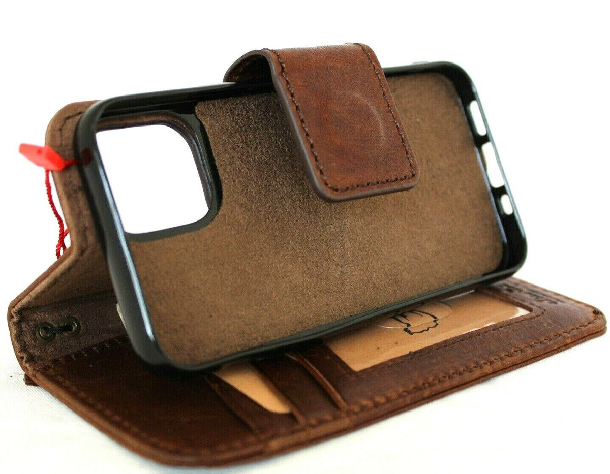 Genuine dark leather Apple iPhone 12 Mini case with vintage book wallet design, credit card slots, soft closure, and magnetic removable cover.