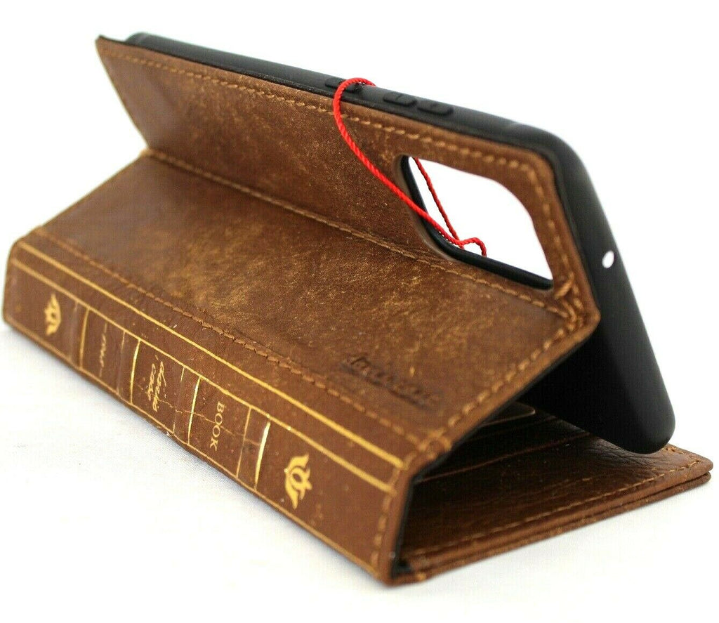Genuine leather Bible Tan wallet case for Samsung Galaxy S20 Plus by DAVISCASE, with card slots, wireless charging holder, and rubber ID window.