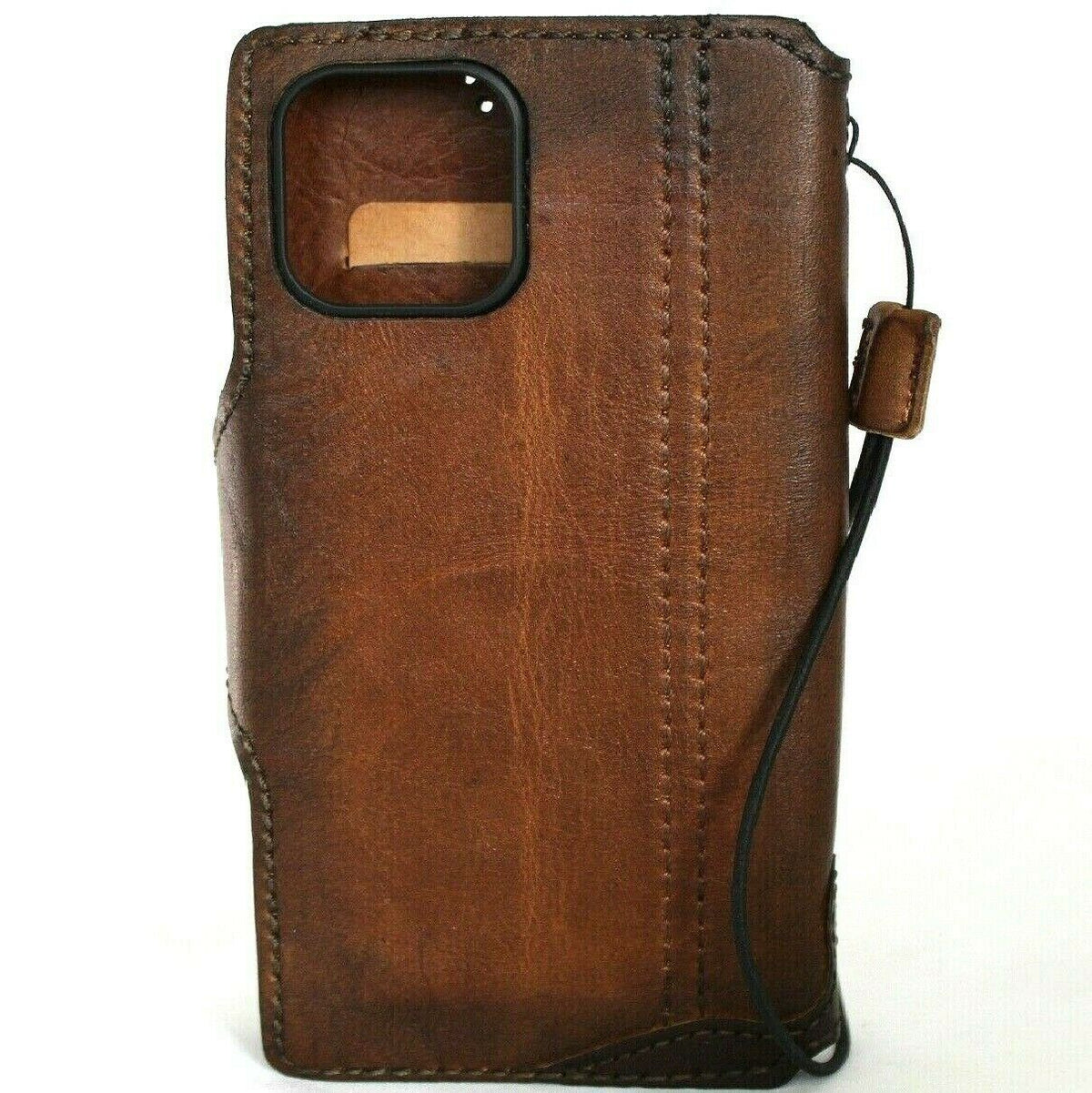 Vintage-style genuine soft leather iPhone 12 Pro case with credit card slots, slim design, handmade by DAVISCASE.
