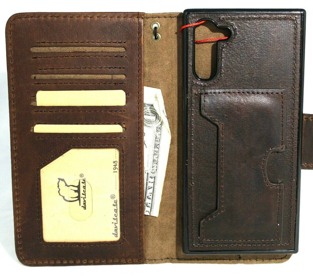 Genuine full dark leather case for Galaxy Note 10 by DavisCase, with wallet-style cover, window, and stand feature.