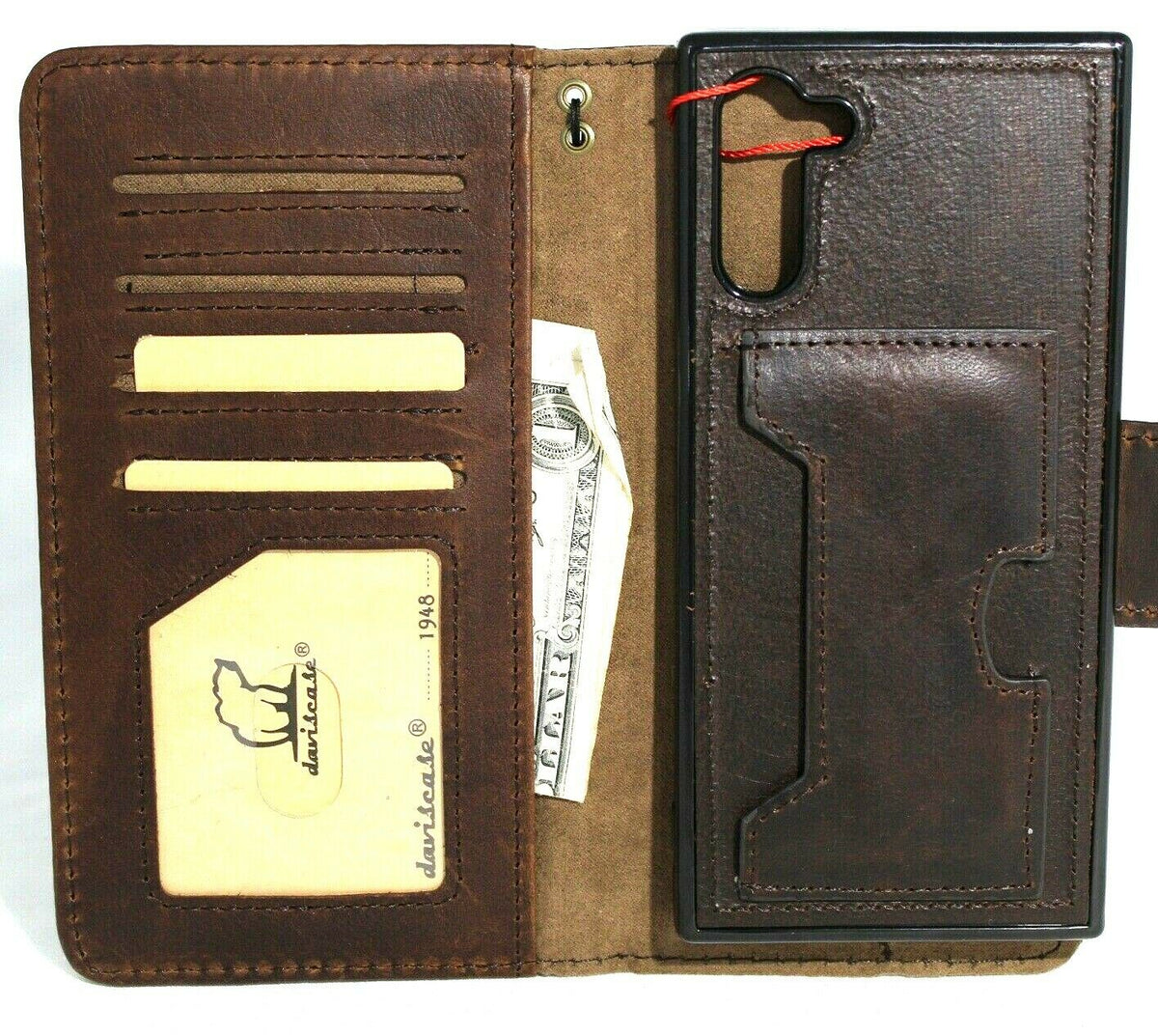 Genuine full dark leather case for Galaxy Note 10 by DavisCase, with wallet-style cover, window, and stand feature.