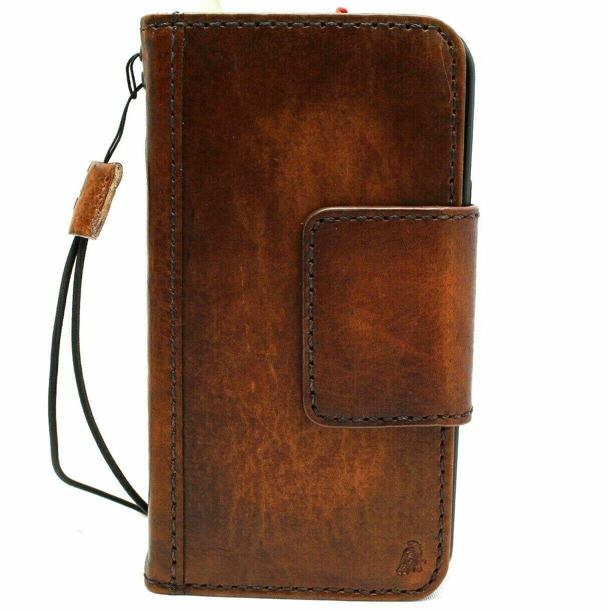 Genuine dark vintage leather iPhone 12 case by DAVISCASE with book wallet design, credit card slots, soft cover, magnetic closure.