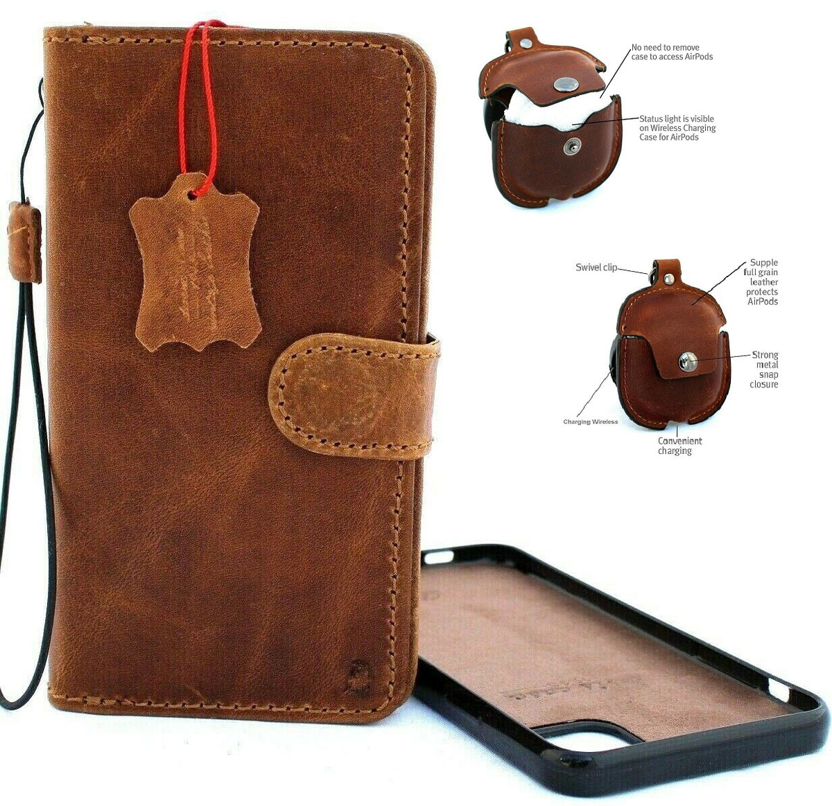 Handmade genuine leather case for Apple iPhone 11 Pro Max with wallet, credit holder, magnetic closure, and AirPods 2 holder in tan