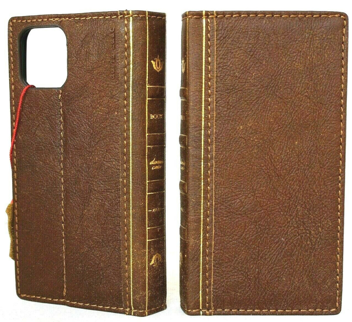 Genuine full tan leather iPhone 12 Pro Max case by DAVISCASE with wallet design, ID window, credit card slots, soft slim cover