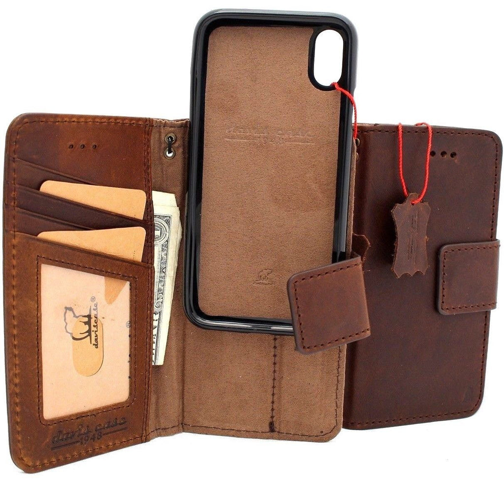 Vintage tan leather iPhone XS Max case with magnetic wallet and credit holder, slim handmade phone cover with removable prime holder.