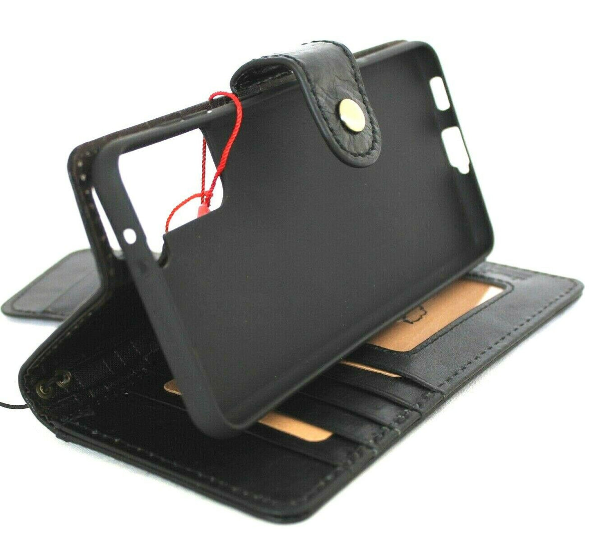 Genuine black leather Galaxy S21 Plus 5G case by DAVISCASE with wallet design, card slots, ID window, and wireless charging holder.