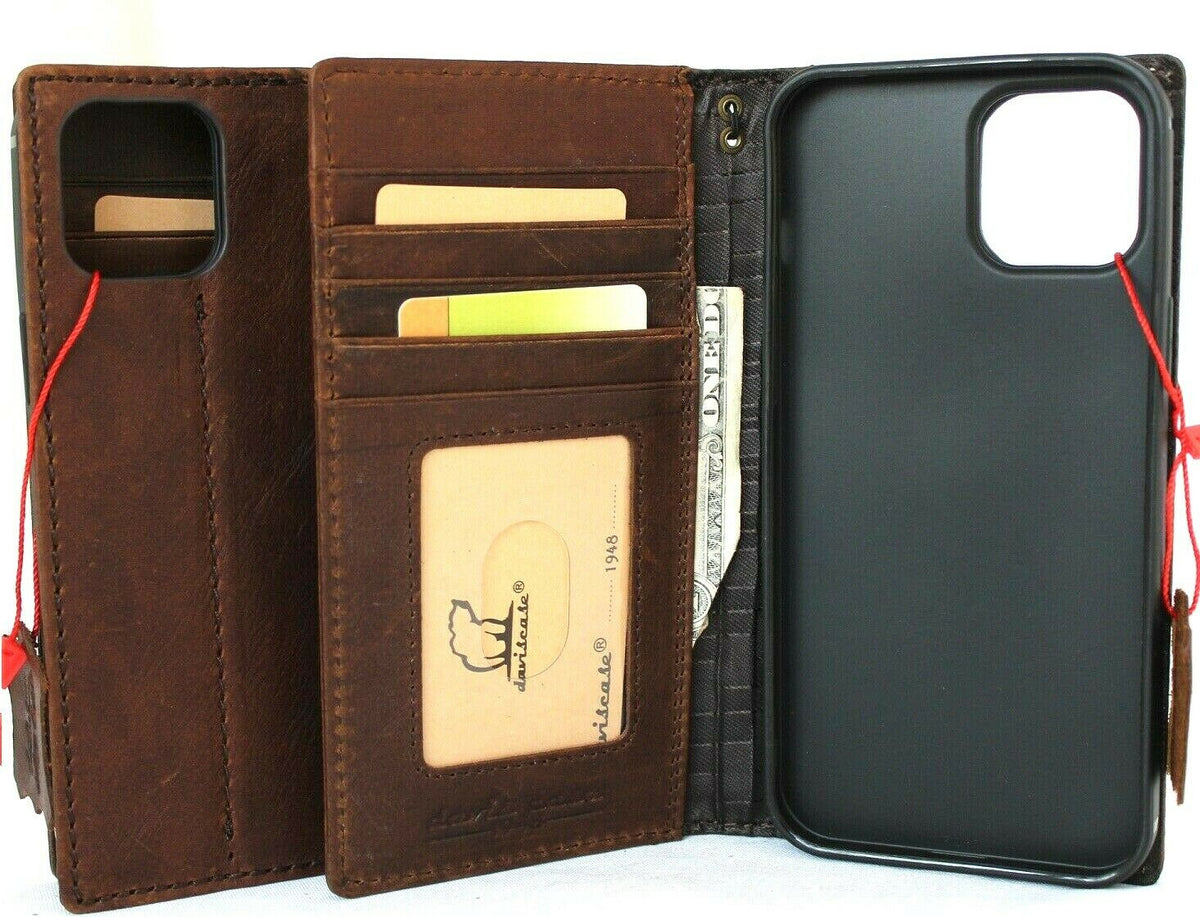 DavisCase genuine dark leather iPhone 12 Pro Max book wallet case with ID window and credit card slots, vintage full grain leather.