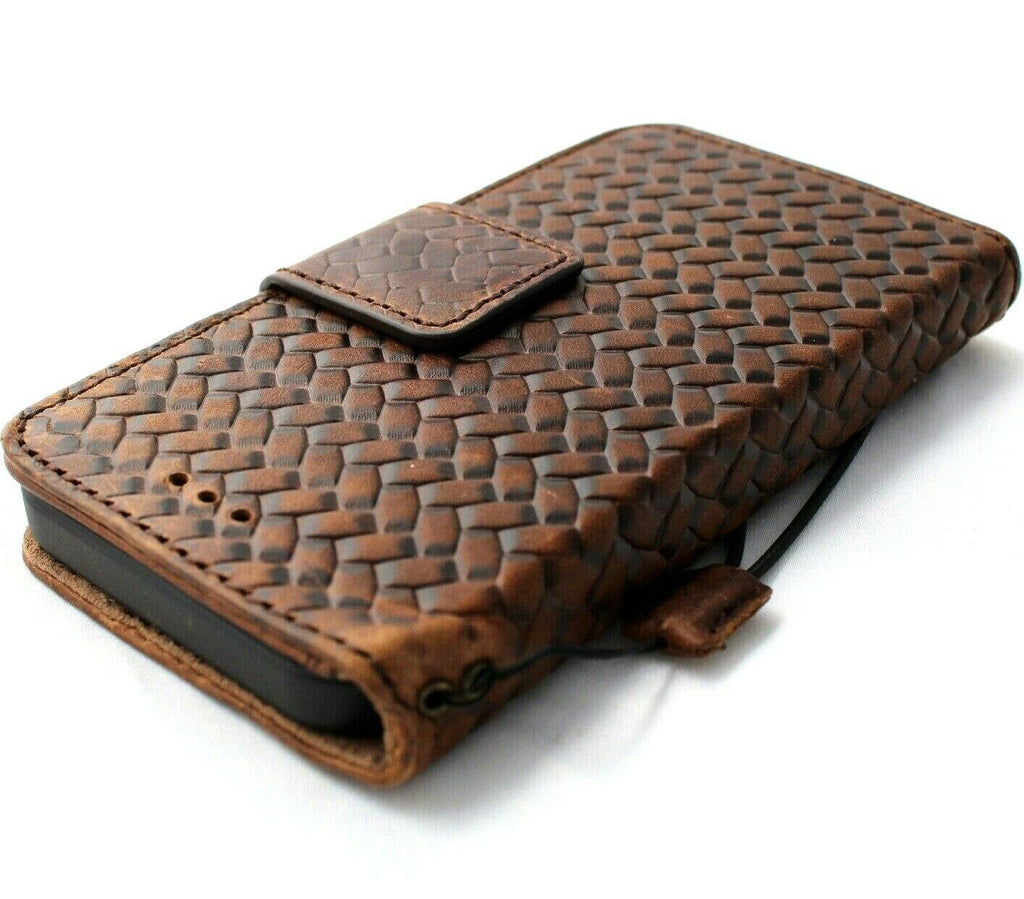 Genuine soft dark leather iPhone 12 Pro case with vintage book wallet design, ID window, credit card slots, and magnetic closure.