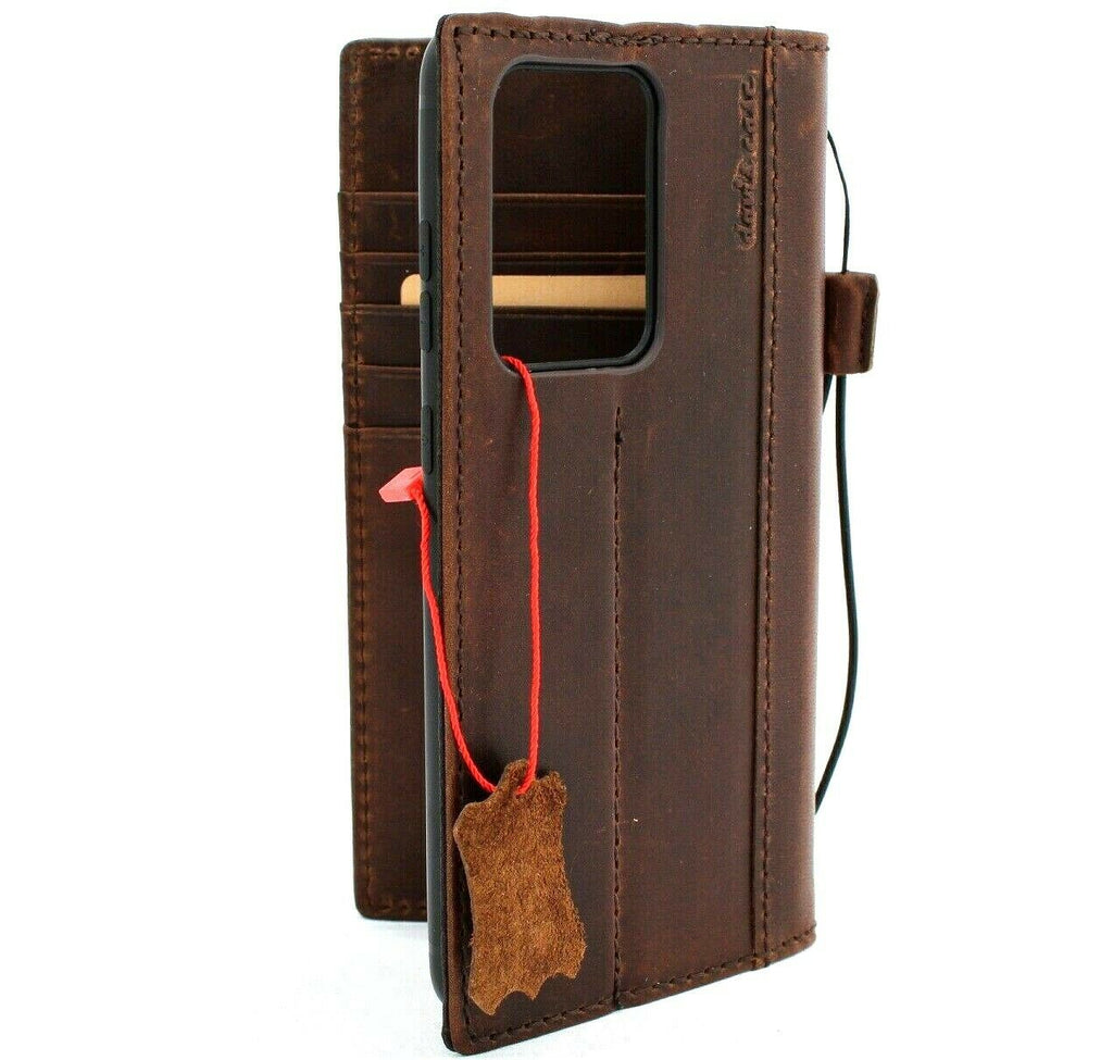 Genuine leather Samsung Galaxy S20 Ultra 5G wallet case by DAVISCASE with card slots, wireless charging window, and rubber stand.