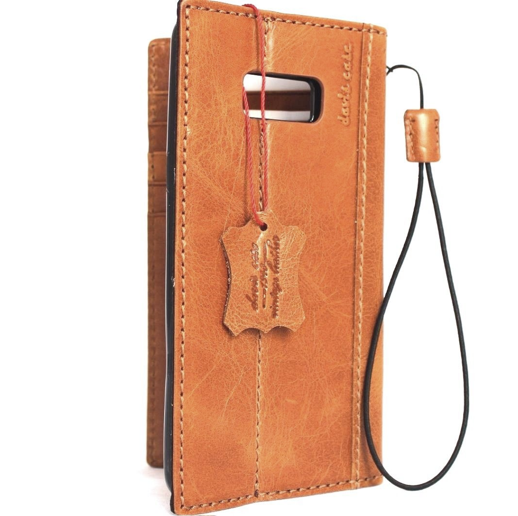 Handmade light brown genuine Italian leather Samsung Galaxy S8 wallet case with card slots and slim design.