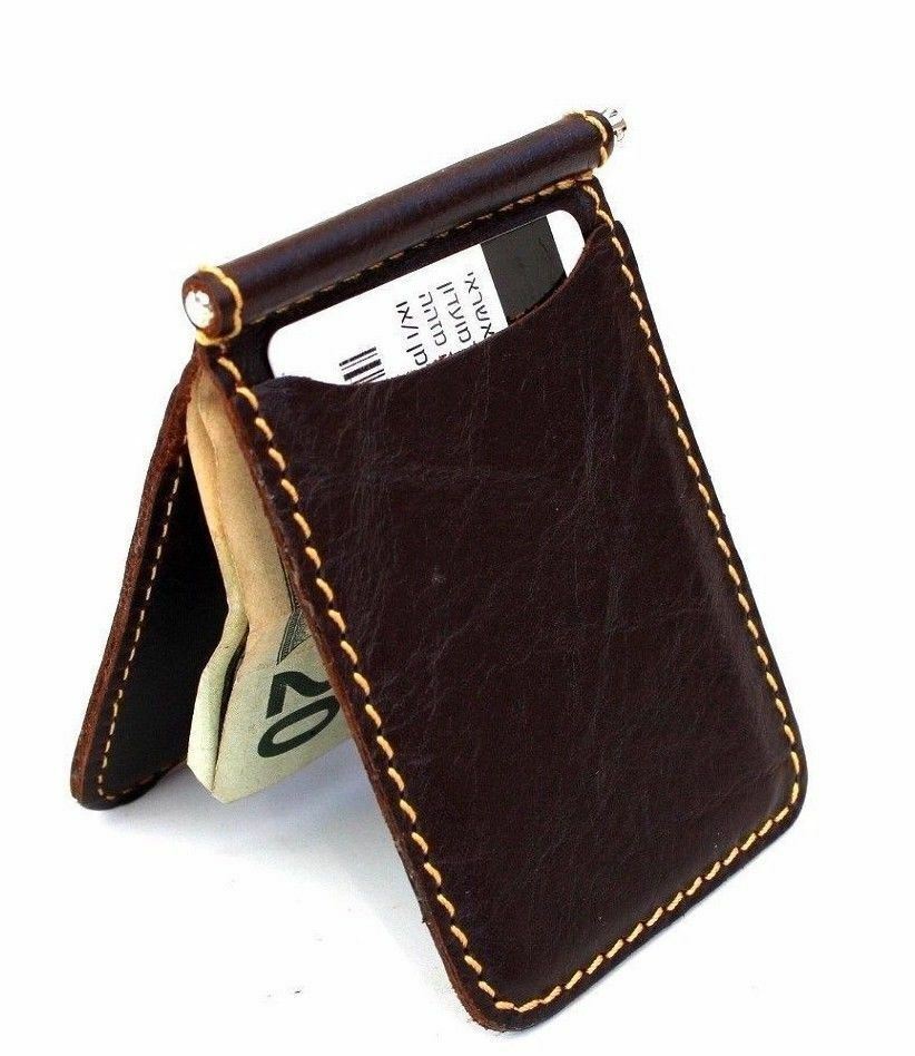 Genuine buffalo leather men's mini wallet by DAVISCASE with ID, credit card slots, and cash pocket in small, stylish design.