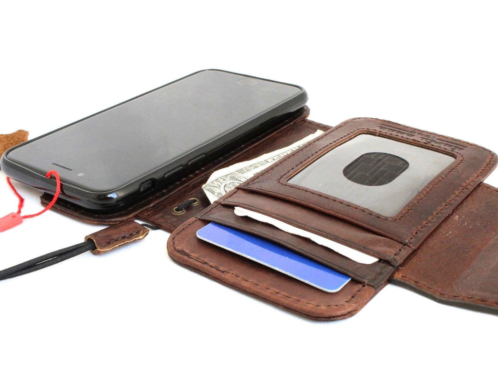 Handmade genuine Italian leather iPhone 8 wallet case with rubber holder and removable cover, crafted with luxury detail.