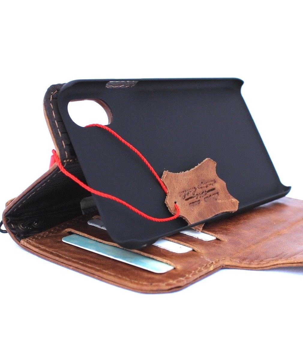 Bright brown genuine leather iPhone X wallet case with magnetic closure, card slots, slim vintage design, by Daviscase.