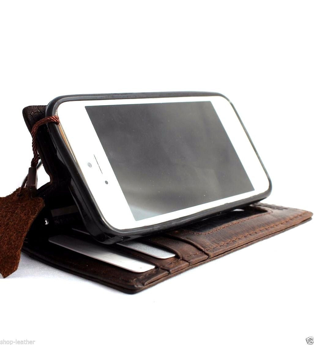 Handmade genuine leather flip case for iPhone 5s, 5c, 5 by DAVISCASE with wallet-style design and credit card slots.