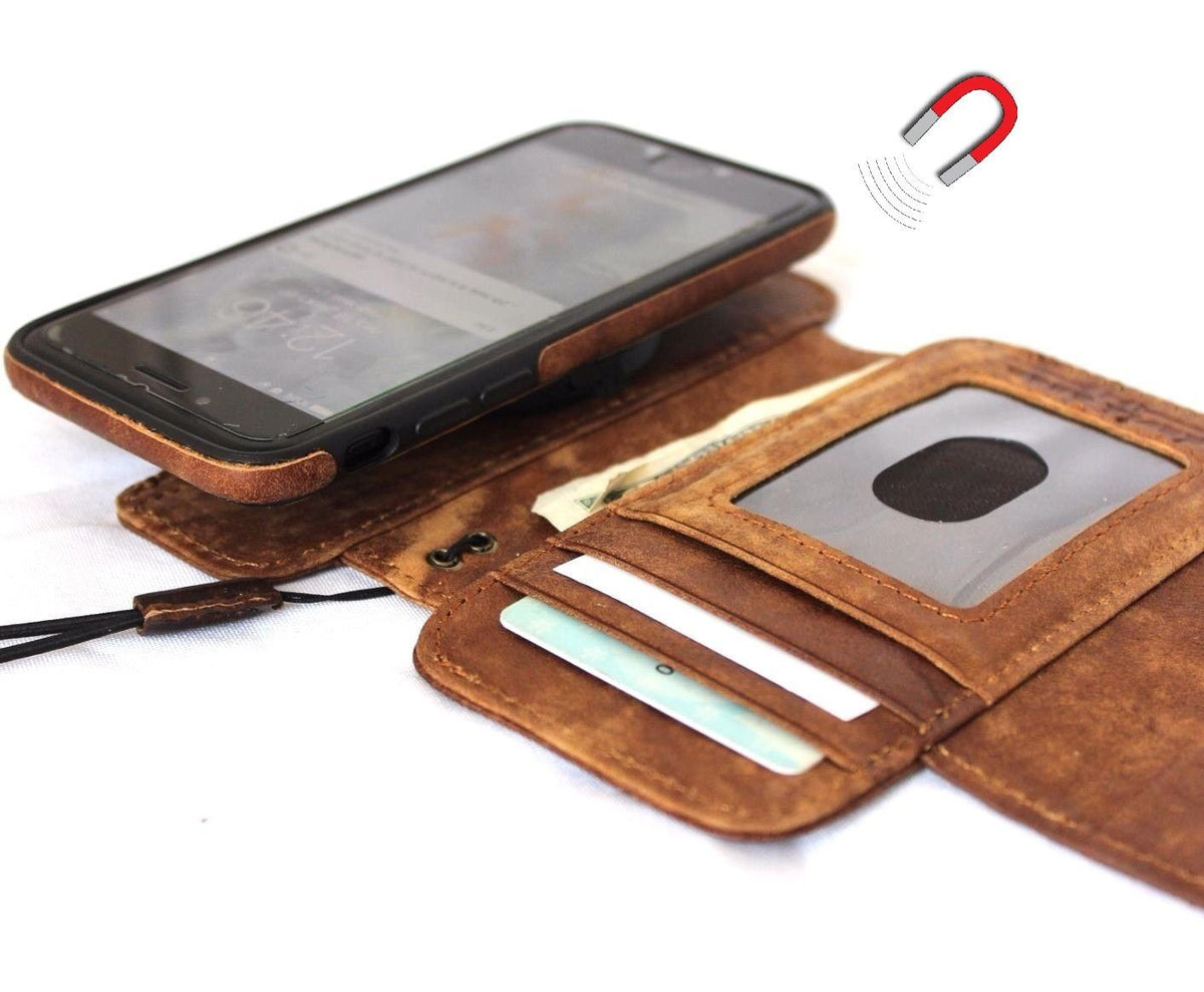 Handmade vintage brown genuine leather wallet case for iPhone 8 with magnetic closure and removable cover.