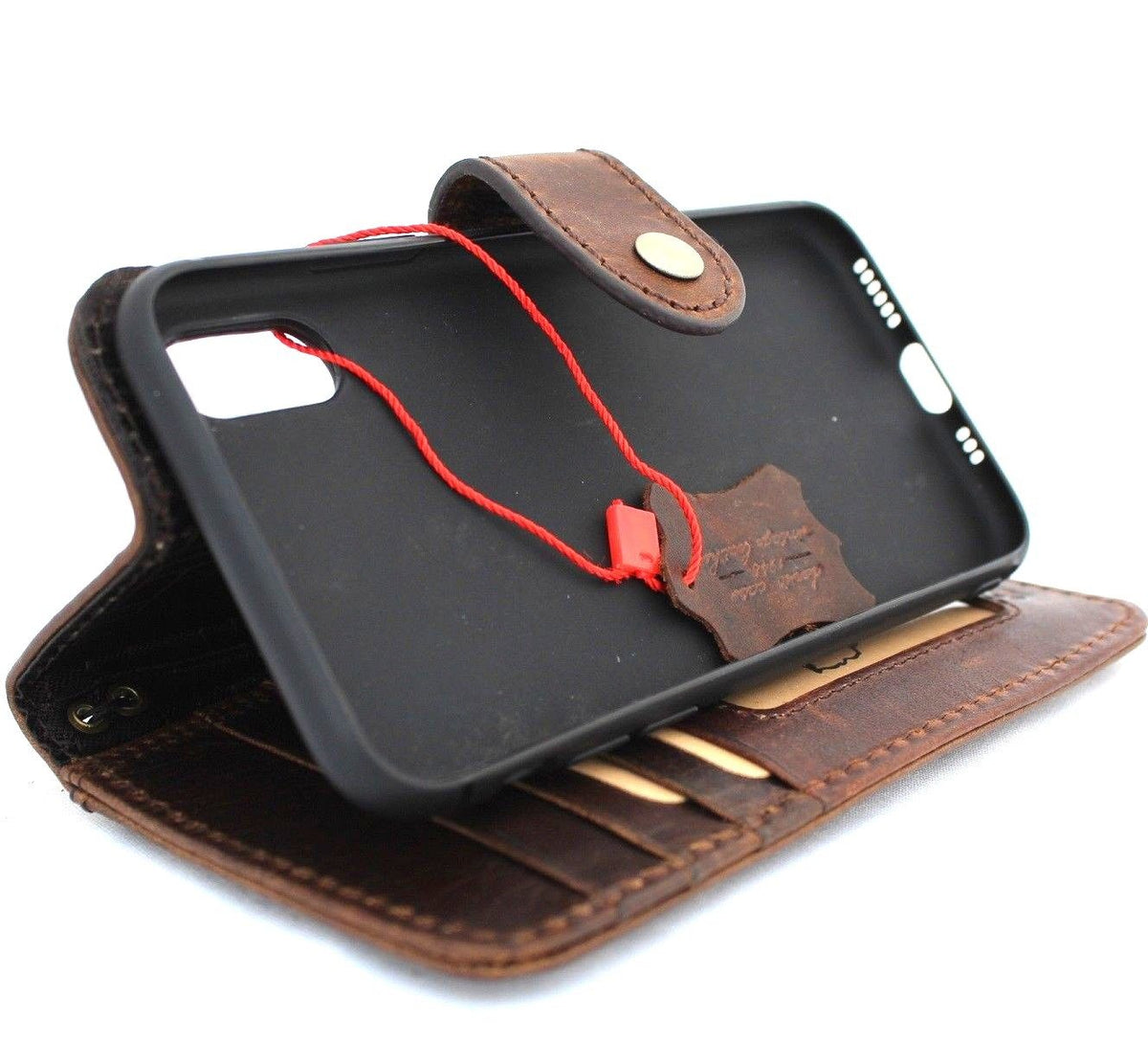 Handmade DAVISCASE genuine leather iPhone XS wallet case with vintage design, wireless closure, credit card slots, and strap.