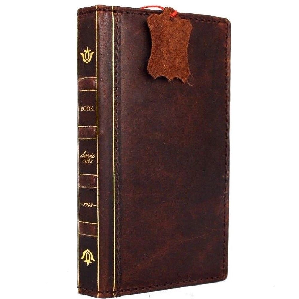 Dark brown vintage leather iPhone XS case with wallet design, card slots, book-style closure, handmade by DAVISCASE.
