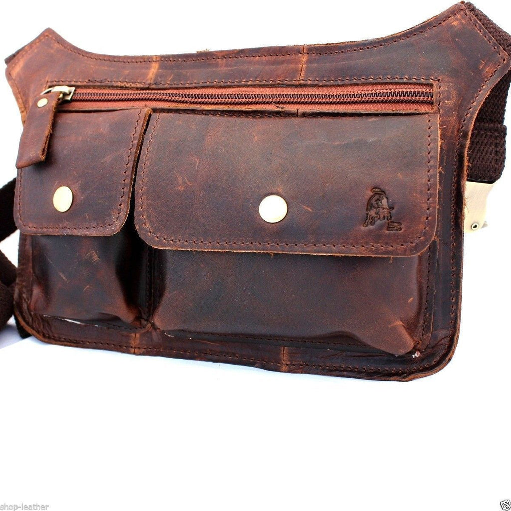 Genuine dark brown leather shoulder wallet bag for men and women by DAVISCASE, featuring cross-body design and waist pouch style.