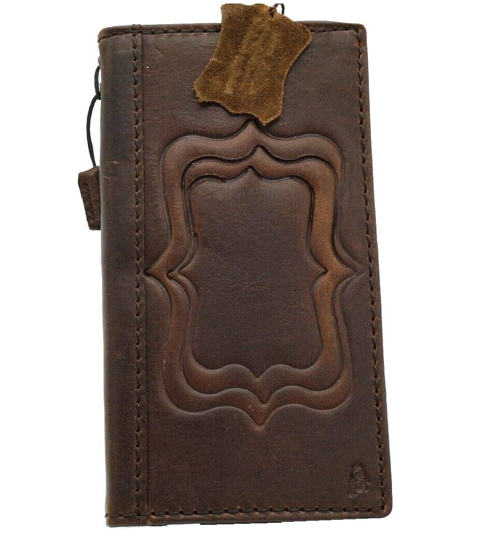 Handmade genuine leather phone case for iPhone 12-16 Pro Max, vintage style with embossed design and credit card slots.