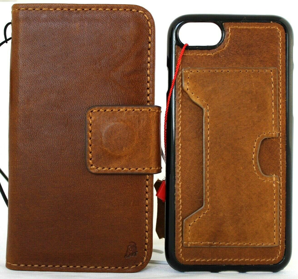 Genuine full-tanned leather iPhone 8 case by DAVISCASE with detachable wallet, card slots, ID window, and rubber strap for wireless charging