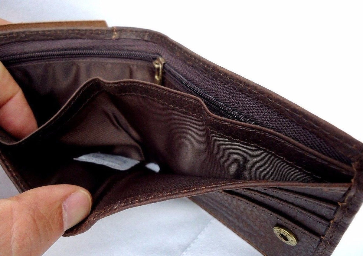 Men's natural soft brown leather wallet with 3 card slots, 1 ID window, and 3 bill compartments showing front view.