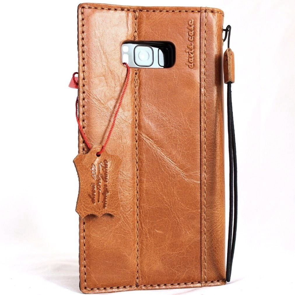 Handmade light brown leather phone case for Samsung Galaxy S8 Plus, vintage book wallet style with slim design.