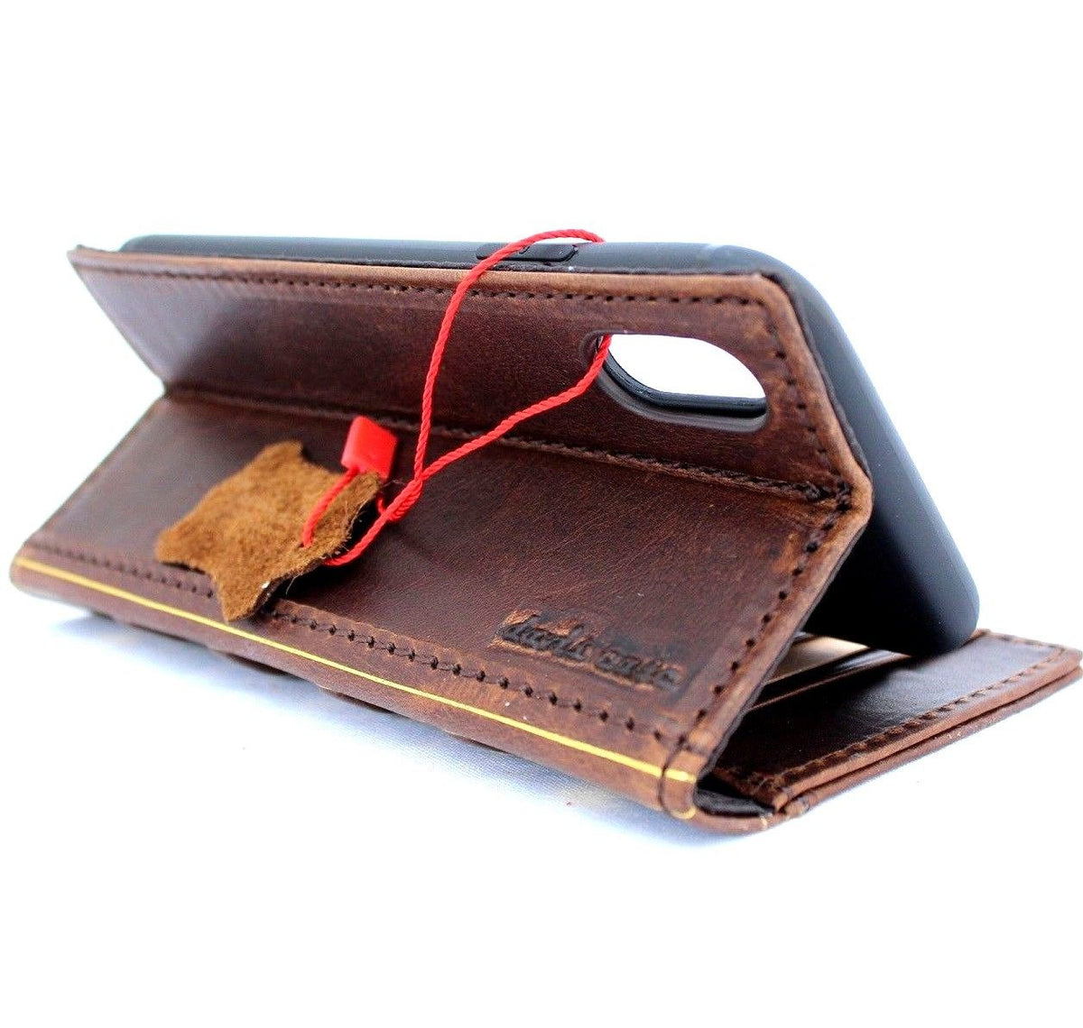 Dark Jafo brown DAVISCASE genuine leather iPhone XS wallet case with book cover design, card slots, slim vintage style.