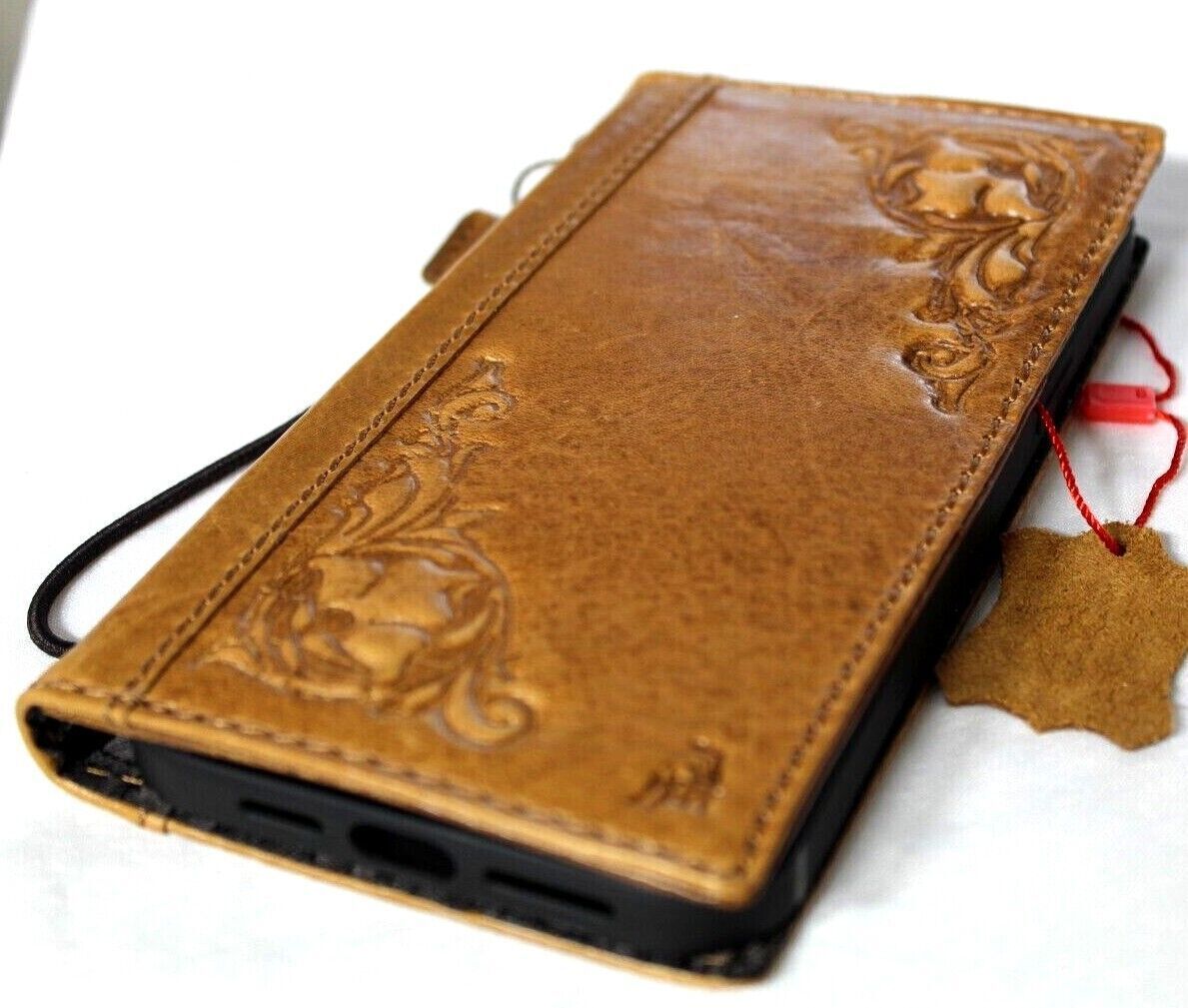 Vintage handcrafted leather wallet phone case for iPhone 11-15 Pro Max by DAVISCASE, full grain leather with card slots in tan color.
