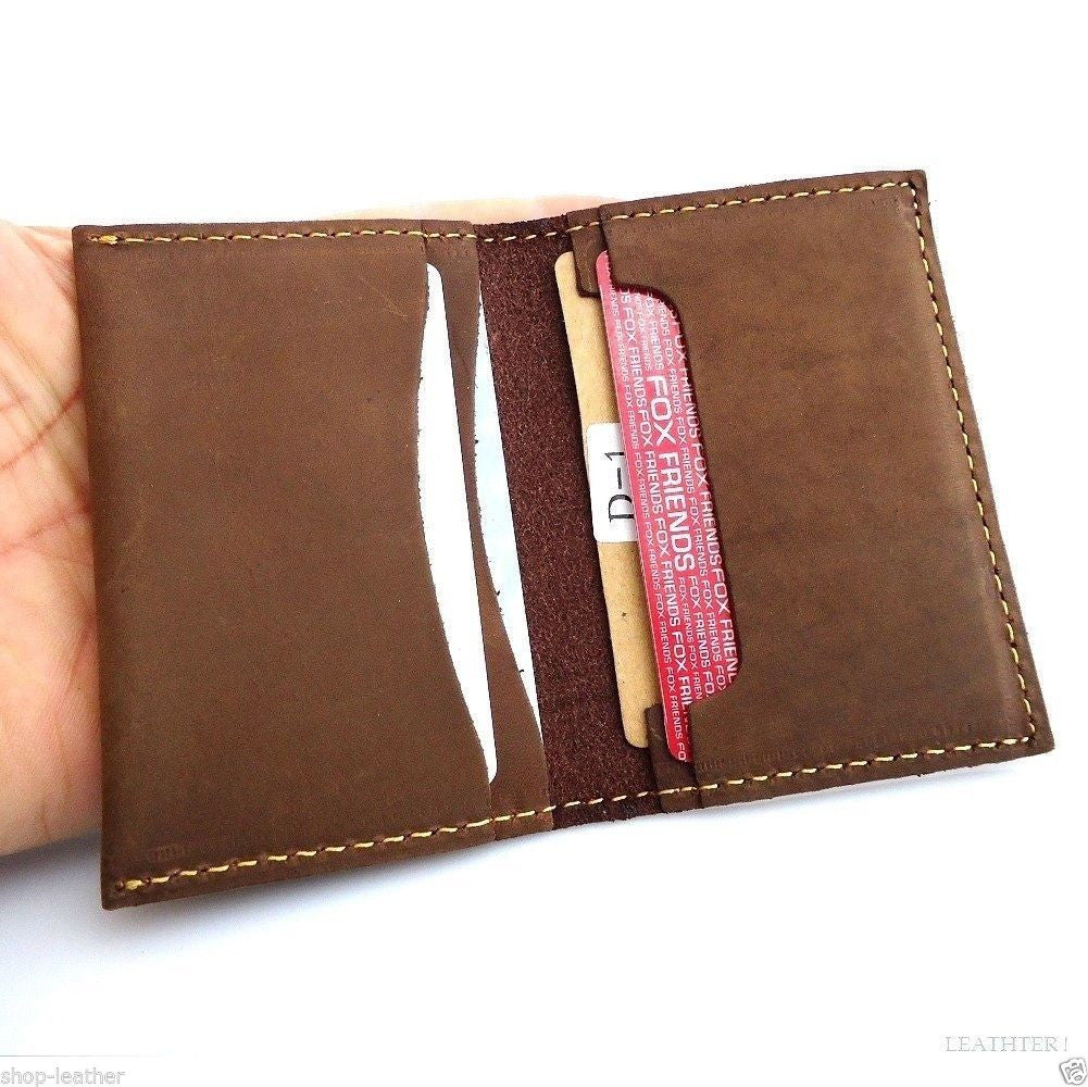Men's natural soft leather credit card case by DAVISCASE with 4 card slots, 2 slip pockets, slim bi-fold design in classic tan.