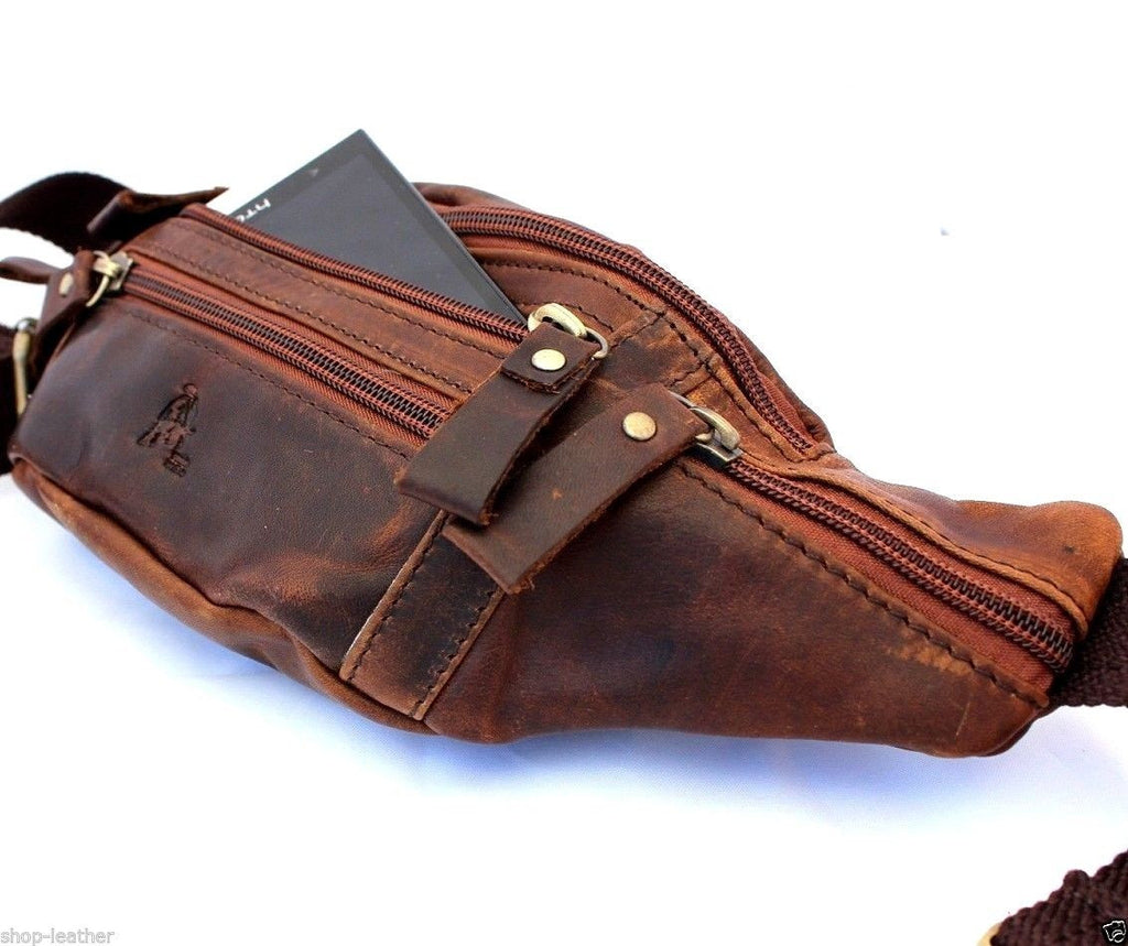 Vintage genuine leather men's wallet, waist pouch, and backpack with cellphone pocket and coin purse, crafted from authentic leather.