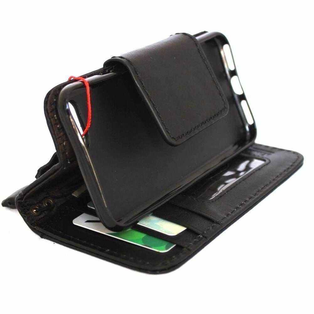 DavisCase genuine black leather iPhone SE 2 2020 wallet case with magnetic closure, card slots, soft interior, and wireless charging compatibility.