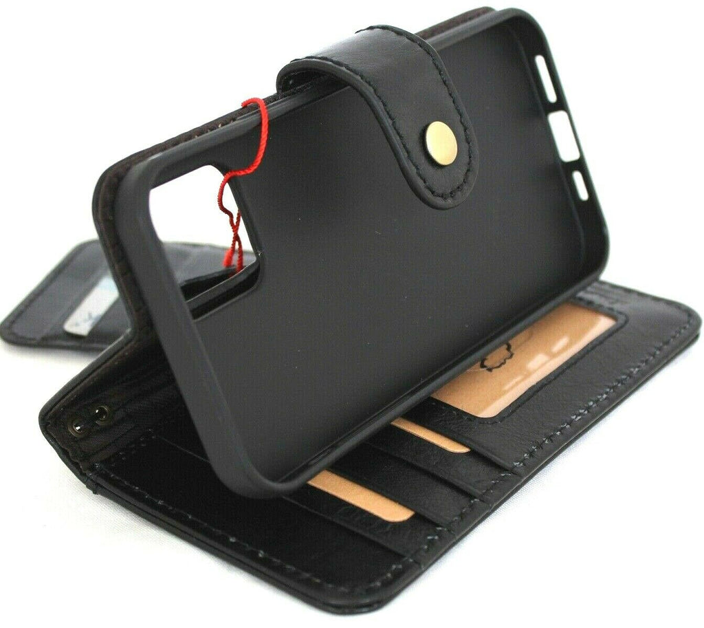 Black genuine leather iPhone 12 case with book-style design, ID window, credit card slots, handmade by DAVISCASE.