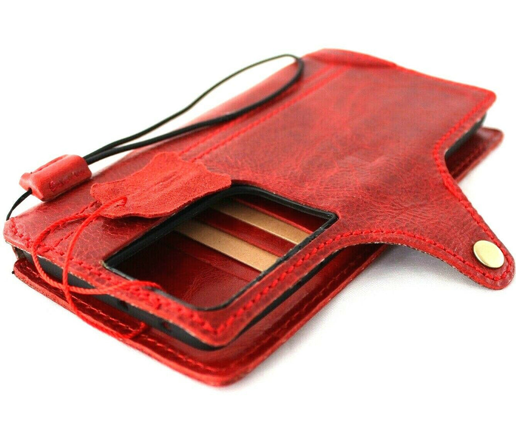 Handmade genuine leather phone case for Samsung Galaxy S21 Ultra 5G with wallet and credit card slots, red rubber holder by DAVISCASE