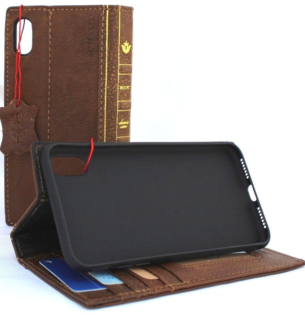 Vintage light brown genuine leather iPhone XS case with wallet closure, card slots, and slim, handmade design by DAVISCASE.