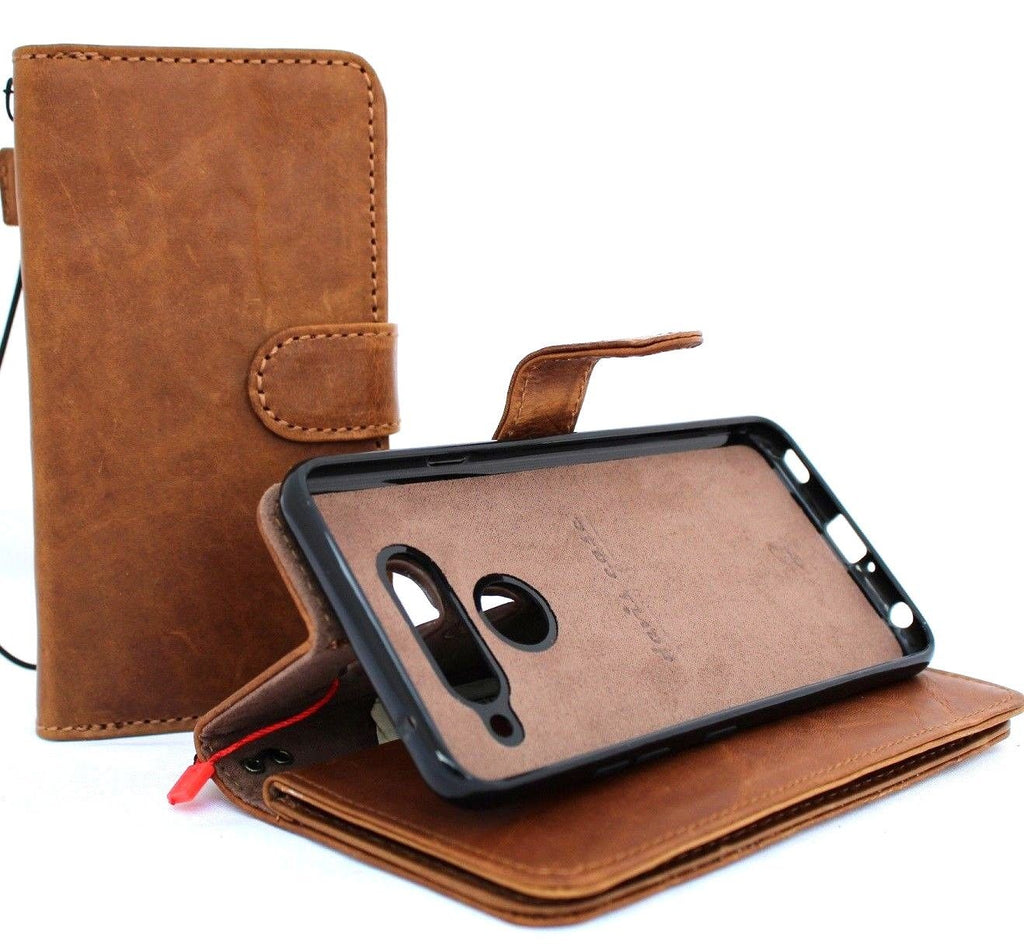 Genuine leather phone case for LG V40 ThinQ, handmade GALAXY wallet cover with card slots, slim design, and magnetic closure.