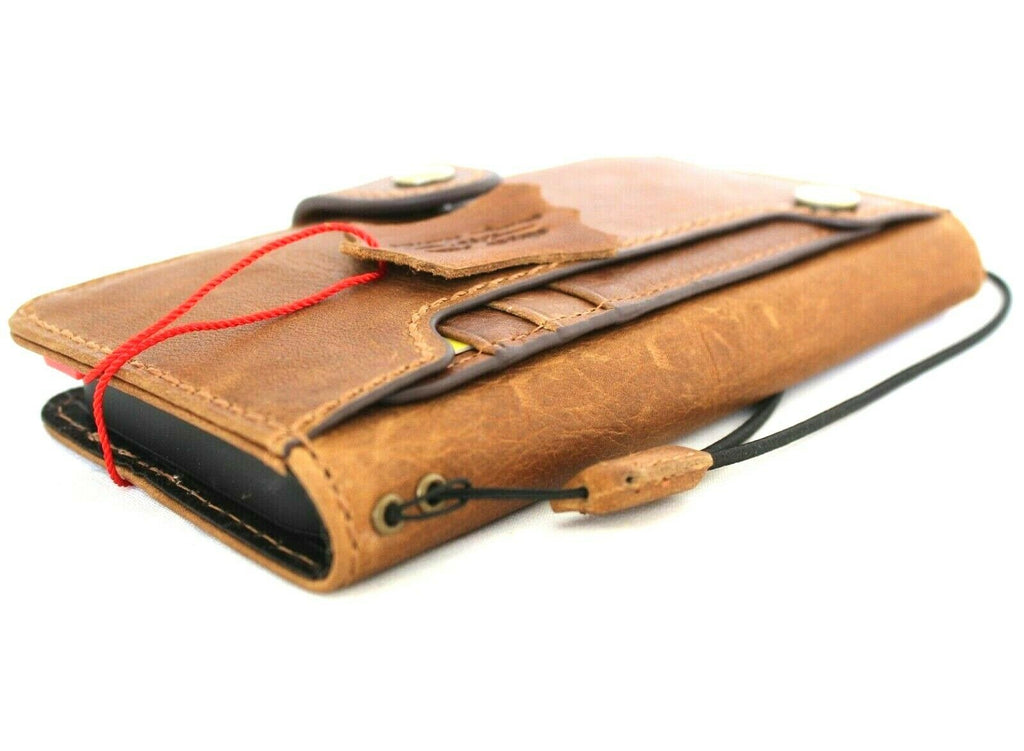 Genuine full tan leather iPhone 12 mini book wallet case with credit card slots and soft closure by DAVISCASE.