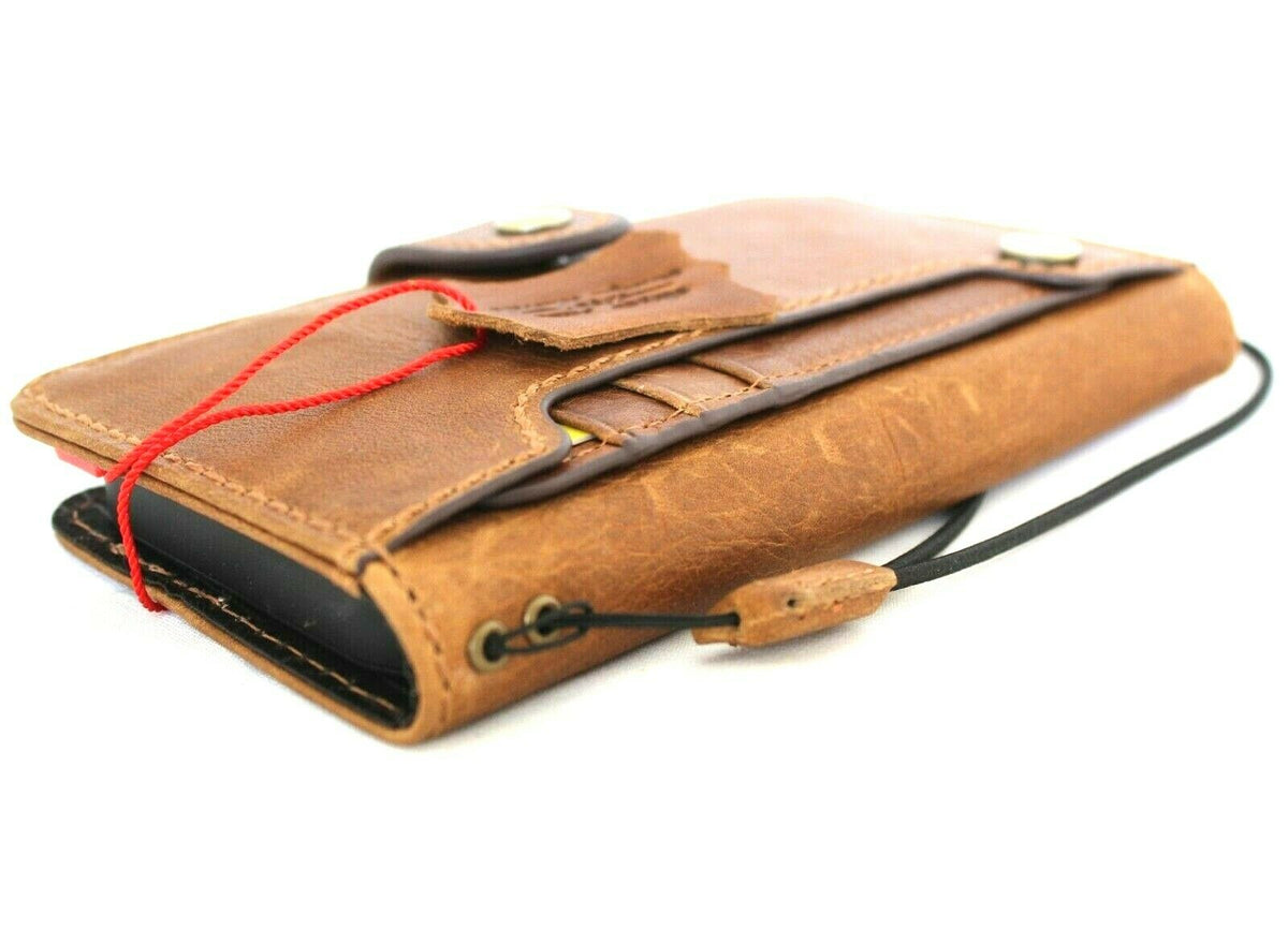 Genuine full tan leather iPhone 12 mini book wallet case with credit card slots and soft closure by DAVISCASE.
